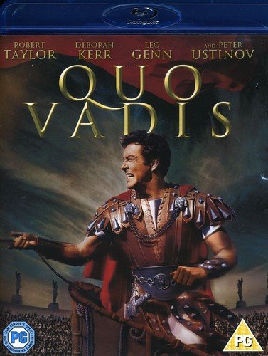 Quo Vadis" Blu-ray cover featuring Robert Taylor as a Roman soldier.