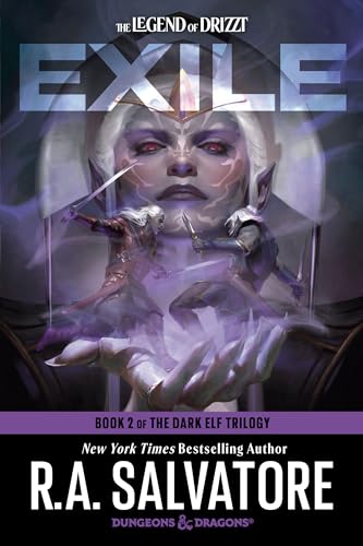 Book cover showing two dark elves fighting before a large, ethereal face.