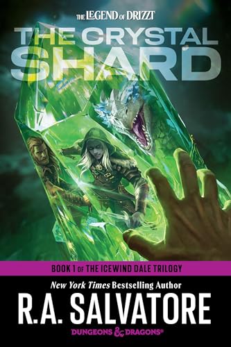 Book cover featuring a glowing green crystal shard containing Drizzt and a dragon head.
