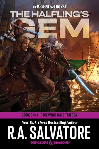 Three fantasy adventurers stand on a ship deck during a fiery battle at sea.