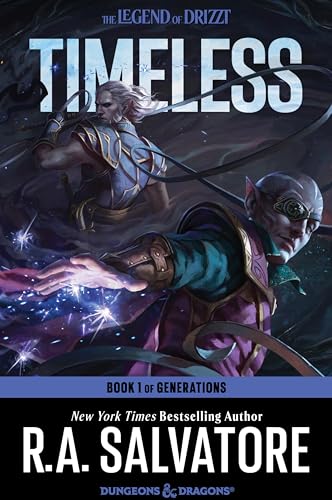 Book cover art featuring two fantasy elves in battle, titled Timeless by R.A. Salvatore.