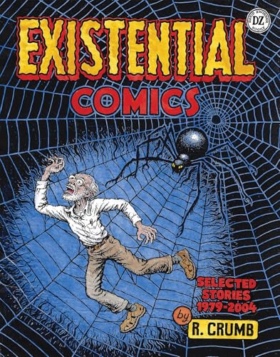 A man struggles in a giant spiderweb while a large spider looms above him.