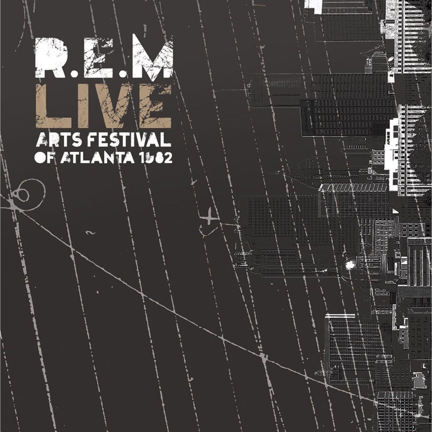 R.E.M. album cover: black background with white text and building blueprint.