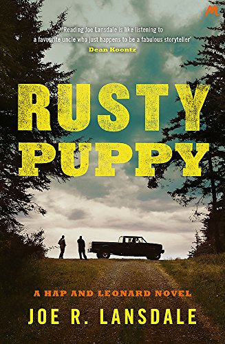 Book cover: "Rusty Puppy" with a dark, rural landscape and large yellow text.