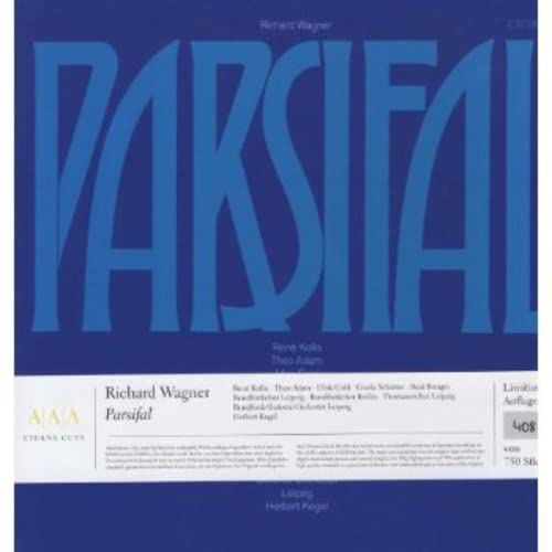 Vinyl record cover for Wagner’s “Parsifal” with large blue text.
