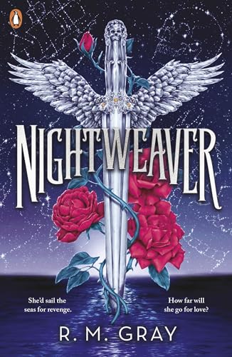 Book cover: “Nightweaver” with a skull-winged dagger and red roses.