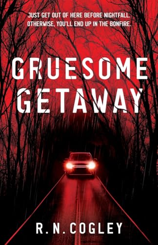 A car drives down a dark road surrounded by silhouetted trees against red sky.