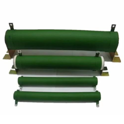 Four cylindrical green wire-wound resistors of varying sizes arranged on a white background.
