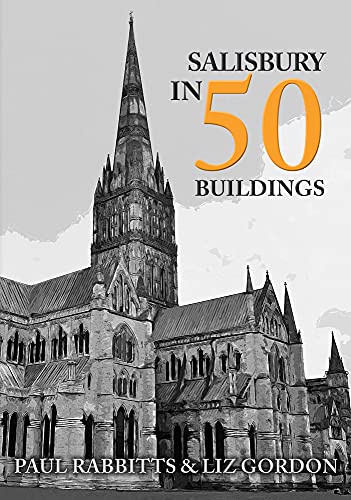 Book cover featuring Salisbury Cathedral spire in grayscale with orange text.