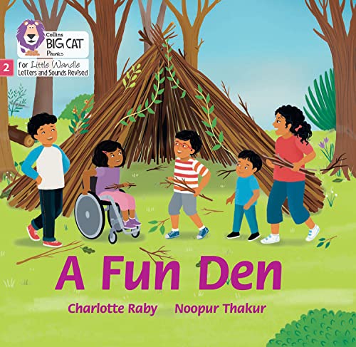 Children building a twig den in a forest, book cover illustration.