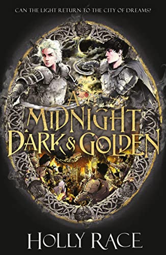 Book cover with two armored figures, a city, and ornate golden frame.