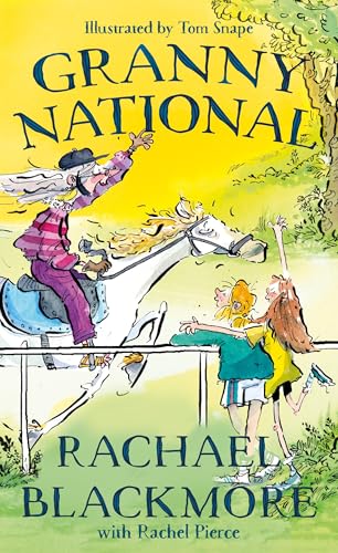 A cartoon of an elderly woman riding a horse, waved at by two children.