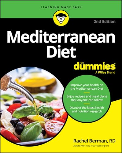 Book cover for "Mediterranean Diet For Dummies," 2nd edition, with food image.