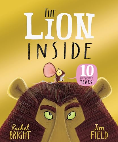 A small mouse stands on the head of a large, friendly lion.