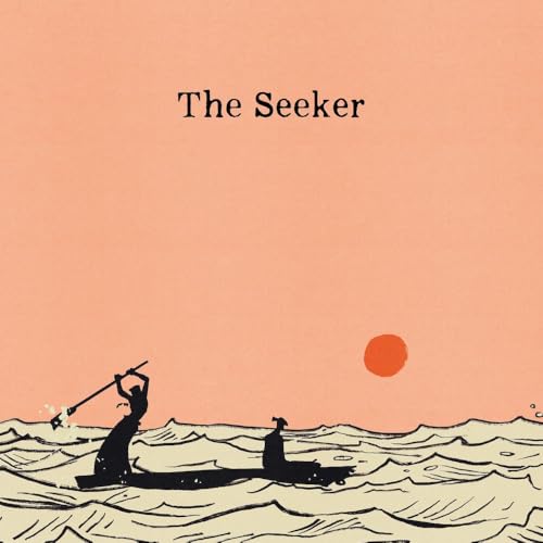 Silhouette of a person rowing a boat under a red sun and peach sky.