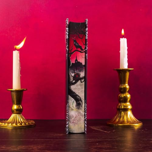 Book spine with dark illustration, flanked by lit golden candlesticks.