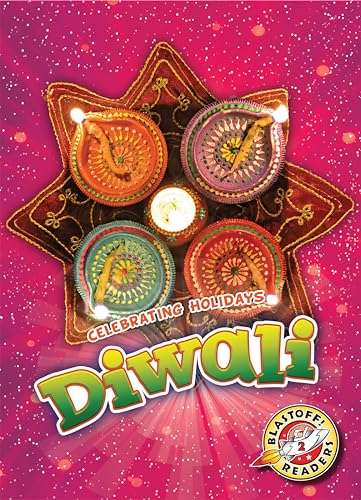 Book cover for “Diwali” featuring colorful diya lamps on a starburst background.