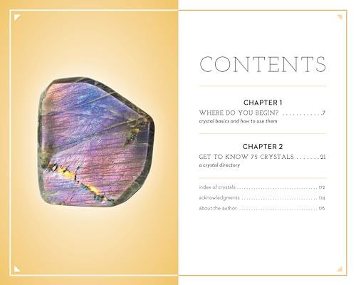 Book page with iridescent labradorite crystal image and table of contents.