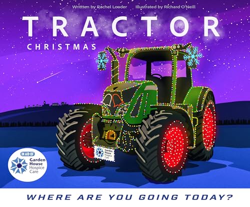 Children's book cover featuring a tractor decorated with Christmas lights.