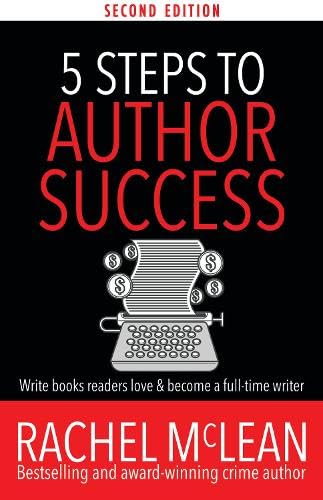 Book cover: "5 Steps to Author Success" with typewriter and coins.