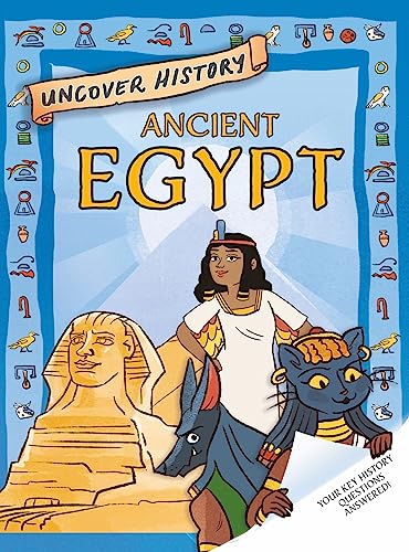 Book cover illustrating Ancient Egypt with a sphinx, pharaoh, and cat.