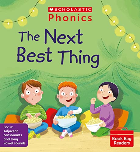 Book cover with three children enjoying popcorn under string lights.