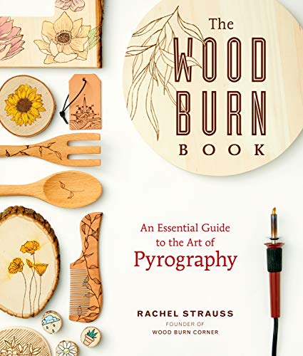 Book cover featuring various pyrography art projects on wood and a wood-burning tool.