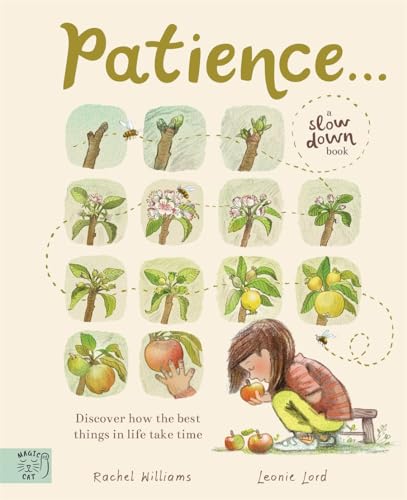 Book cover showing a child looking at an apple tree's growth stages with bees.