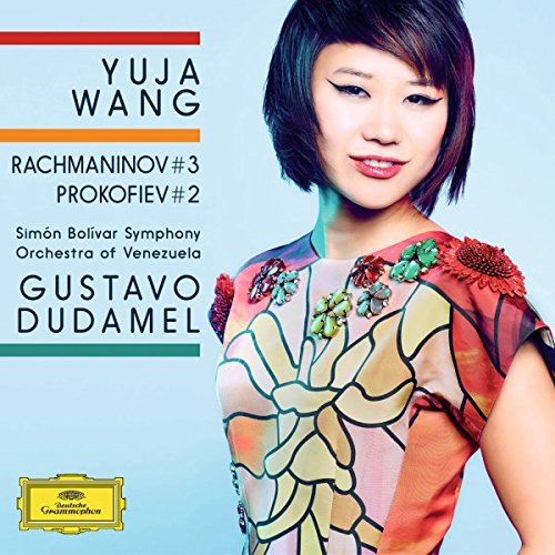 Album cover featuring pianist Yuja Wang wearing a patterned dress against a blue background.