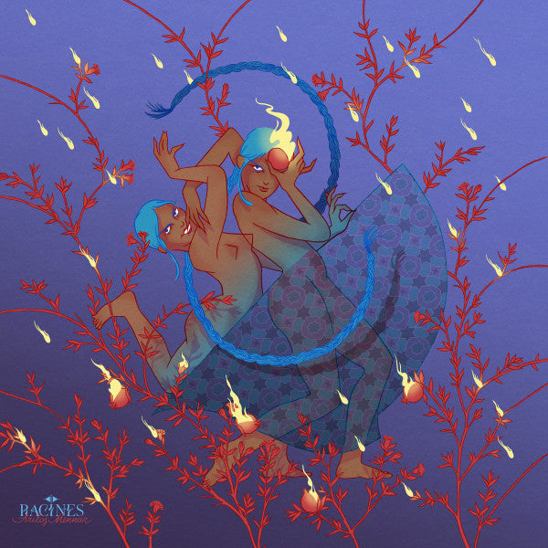 Illustration of two figures with blue hair amidst red branches and falling seeds.