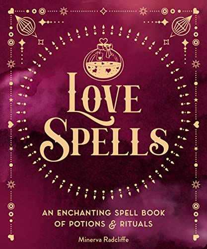 Book cover titled Love Spells with a potion bottle on a purple background.