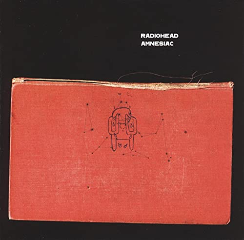 Red album cover for Radiohead’s Amnesiac with sketched figure and lines.