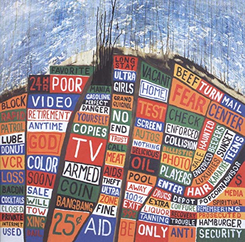 Radiohead’s “Hail to the Thief” vinyl cover: collage of text and imagery.