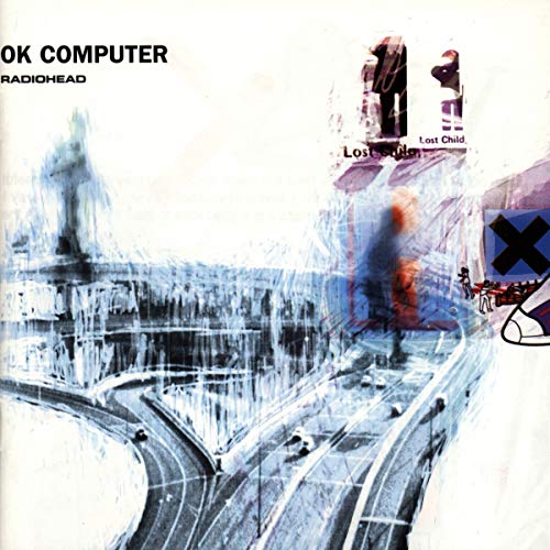 Album cover for Radiohead's OK Computer featuring abstract highway imagery and text.