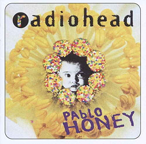 Radiohead’s “Pablo Honey” album cover: a baby surrounded by colorful flowers.
