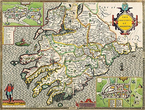 1610 hand-colored map of Radnorshire, with city illustrations in corners.