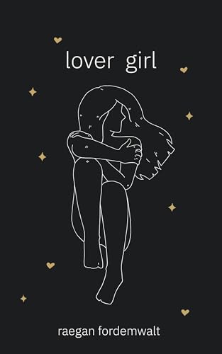 Book cover with a white line drawing of a girl hugging her knees on black.