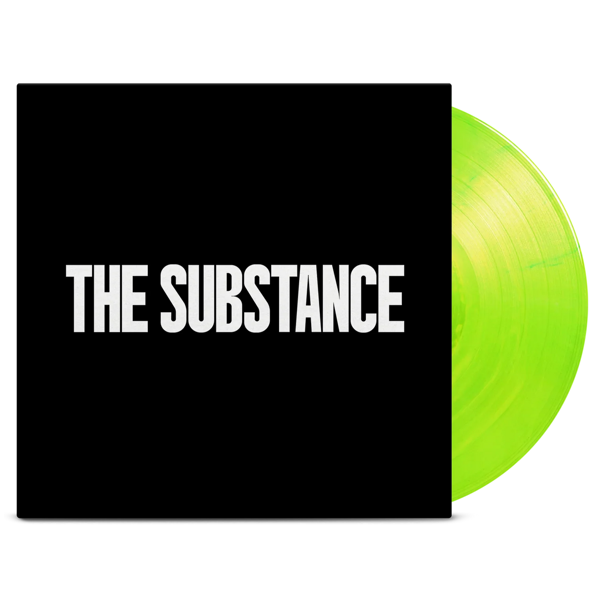Black album cover with white text and a glimpse of a green vinyl record.