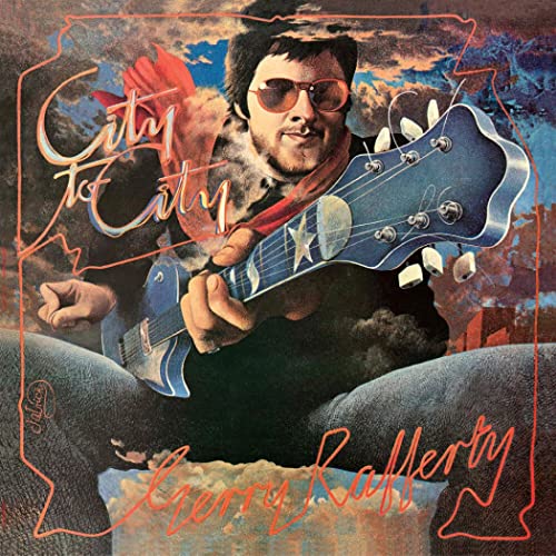 Album cover: Gerry Rafferty with guitar, painted cityscape background.