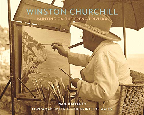 Winston Churchill wearing a hat and smoking a cigar while painting on an easel.