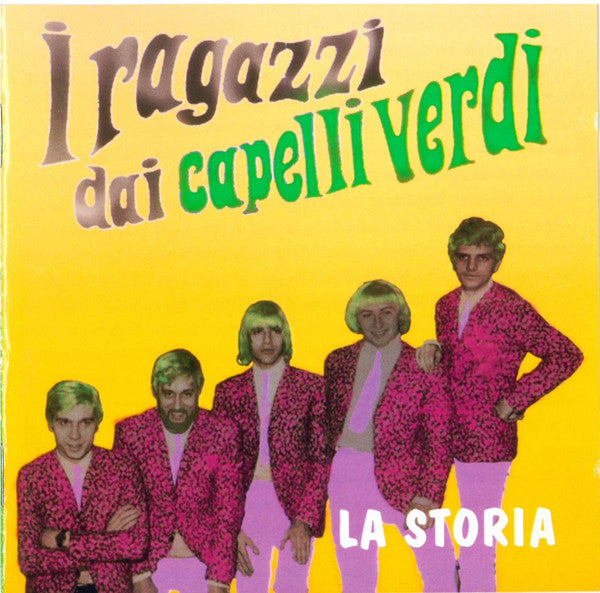CD cover: yellow background, group of men with green hair.