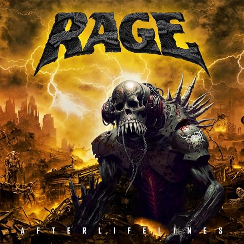A skull-faced creature wearing headphones stands before a ruined city under a lightning sky.