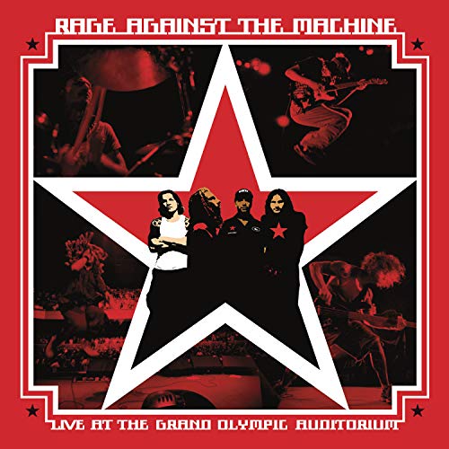 Rage Against The Machine live album cover with band members and star.