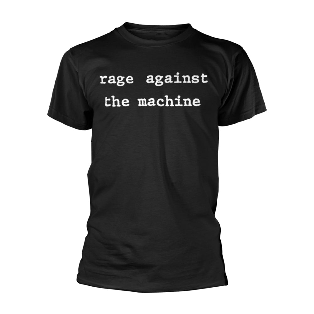 Black t-shirt with white text reading "rage against the machine".