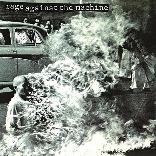 Black and white album cover depicting a burning monk and vintage cars.
