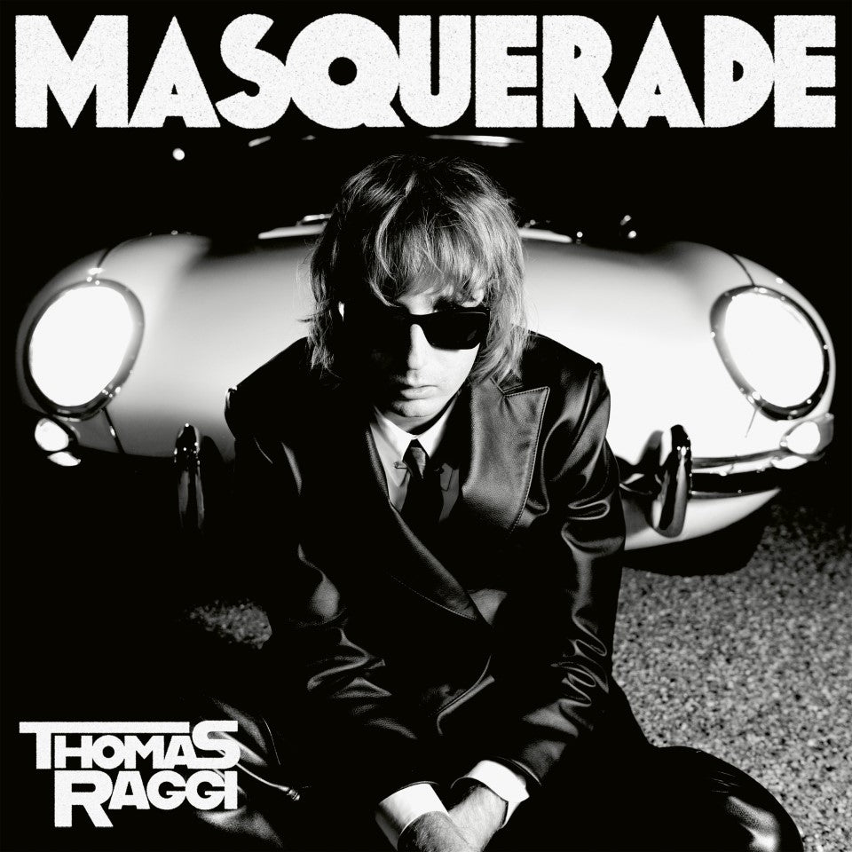 Black and white album cover featuring musician Thomas Raggi with a car.
