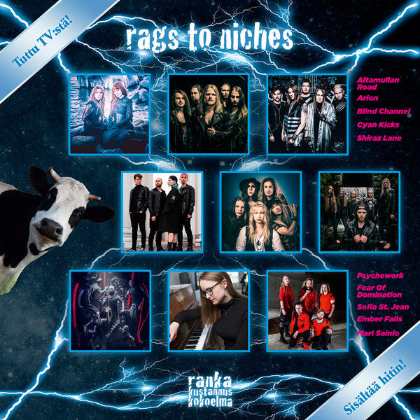 Vinyl record cover for “Rags To Niches” featuring multiple band portraits and lightning.