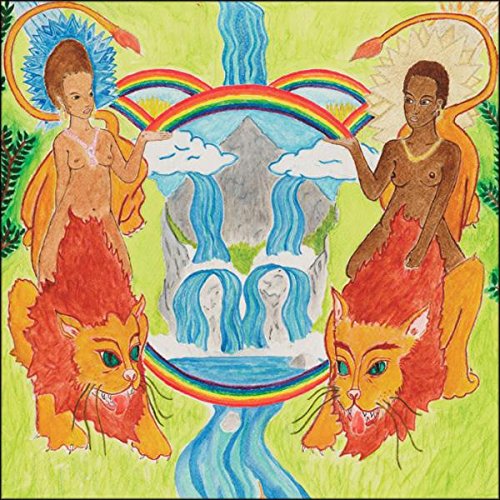 The image depicts a vibrant, childlike drawing featuring two nude figures, rainbow arches, and fantastical creatures. Alt text: Colorful drawing of two figures surrounded by rainbows, cats, and flowing water.