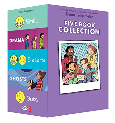 Box set of five Raina Telgemeier graphic novels with illustrated covers.