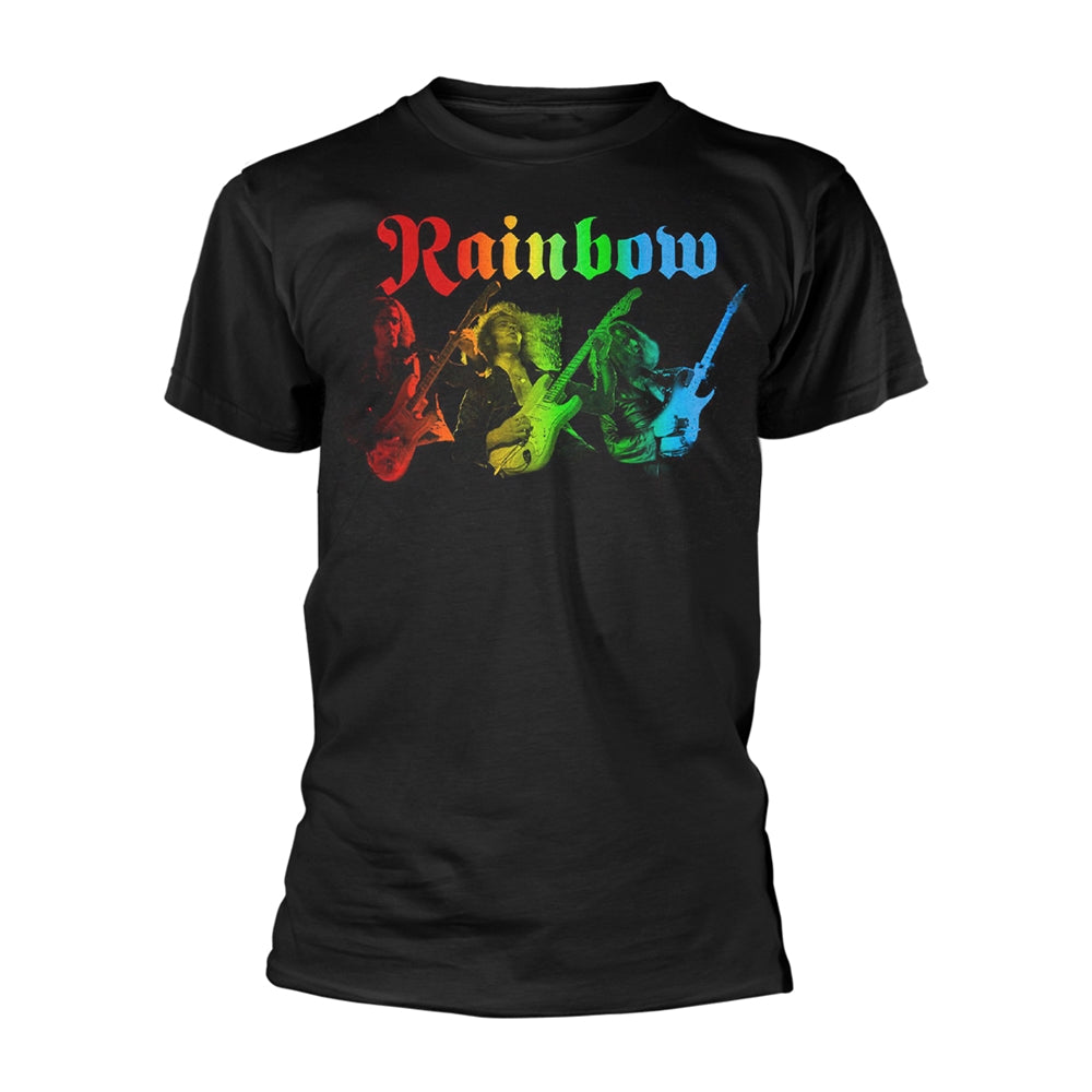 Black t-shirt with a colorful Rainbow band graphic and logo.